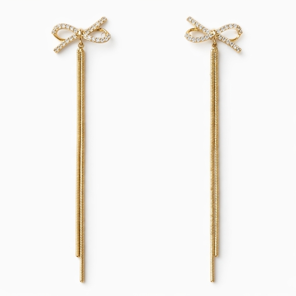 Jewelry - Gold Bow Rhinestone Tassel Earrings Long Dangle Chain Elegant Statement Jewelry